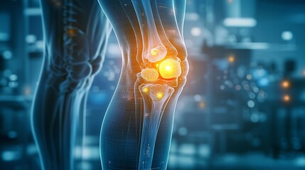 Poster - Innovative virtual healthcare unit featuring a digital twin of a knee joint highlighting areas affected by cartilage wear due to osteoarthritis with glowing diagnostic indicators