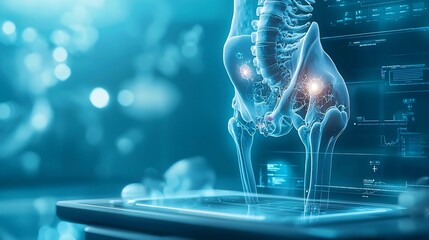Poster - Futuristic orthopedic diagnostics station featuring a virtual twin of a pelvis showcasing fractures caused by osteoporosis or trauma with diagnostic glowing markers