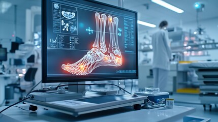Poster - A photograph of a modern state of the art research facility displaying a virtual twin of the feet bones highlighting issues like bunions or flat feet with glowing areas of concern