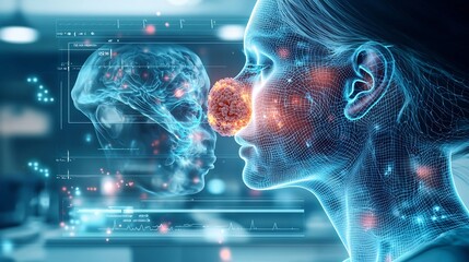 Poster - a modern diagnostic lab featuring a virtual twin of passages highlighting blockages caused by sinusi