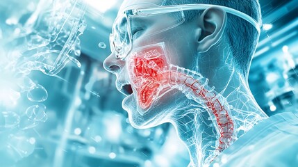 Poster - Advanced Medical Lab Showcases Virtual Twin of Throat and Vocal Cords Identifying Areas Affected by Laryngitis and Leaving Copy Space for Overlay