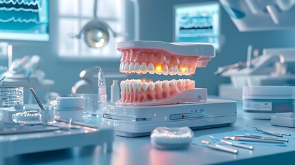 Aufkleber - a modern medical diagnostics room showcasing a virtual twin of the mouth and jaw highlighting caviti