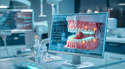 Poster - Modern medical diagnostics room showcasing a virtual twin of the mouth and jaw highlighting cavities and gum disease with glowing markers