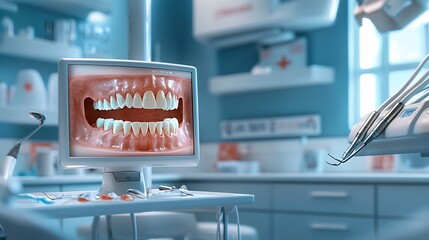Poster - A photograph showcasing the interior of a cutting edge dental and ENT clinic that utilizes advanced virtual twin technology to identify areas of concern such as oral cancer lesions