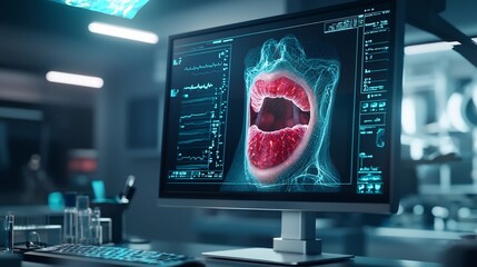 Poster - Advanced Medical Lab Showcasing a Virtual Twin of the Tongue and Throat Highlighting Areas Affected by Infections or Glossitis Using Holographic Visualization Technology