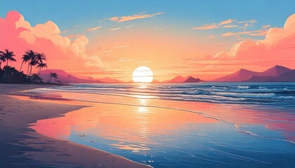 Poster - A vibrant sunset over a tranquil beach, featuring reflective water, soft waves, palm trees, and colorful clouds against a serene backdrop.