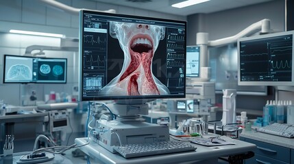 Poster - Advanced healthcare facility displaying a virtual twin of the throat and vocal cords identifying damage caused by smoking related laryngeal cancer