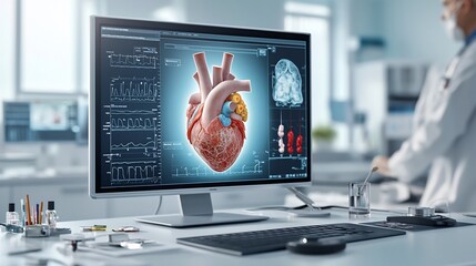 Poster - Futuristic medical diagnostic station featuring a virtual 3D twin of the human heart showcasing abnormalities associated with smoking induced coronary artery disease