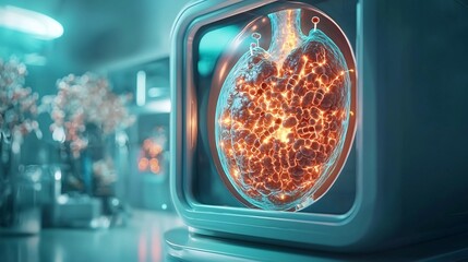 Poster - Innovative medical laboratory displaying a virtual twin of the bladder identifying smoking induced bladder cancer risk areas with glowing markers