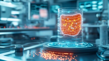 Poster - Innovative medical laboratory showcasing a virtual twin model of the bladder with glowing markers highlighting smoking induced cancer risk areas leaving room for copy space at the bottom left