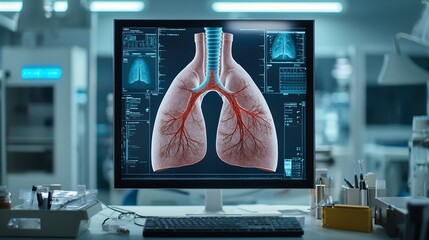 Poster - A photograph showcasing a cutting edge medical diagnostics room featuring a virtual twin model of the lungs and trachea