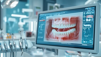 Poster - A futuristic dental care facility showcasing a virtual twin of a full dental arch identifying gum recession and early signs of periodontitis
