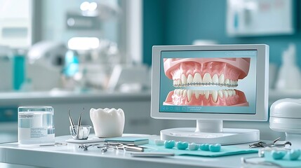 Poster - A high tech dental diagnostics room showcasing a virtual twin of a patient s teeth alignment