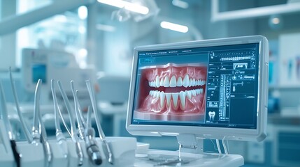 Poster - Futuristic Dental Imaging Center with Virtual Twin Teeth Visualization for Identifying Personalized Prosthodontic Treatment Options  Clean modern interior design with copy space at the top right