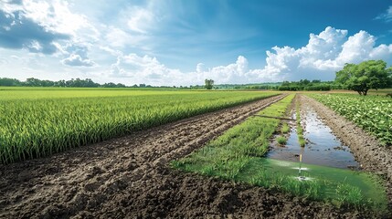 Poster - a photograph of a smart irrigation system in an agricultural field showing a virtual twin overlay th