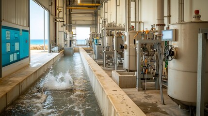 Poster - aerial photograph showcasing a desalination plant with a virtual twin system that analyzes energy ef