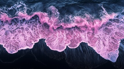 Poster - Overhead view reveals a mesmerizing contrast of pink waves meeting a rich black sand beach, creating a magical moment as day turns to night