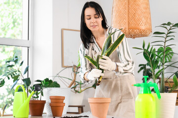 Wall Mural - Beautiful young woman with gardening tools taking care of houseplant at home