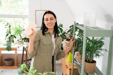 Wall Mural - Beautiful young woman cleaning shelf with houseplants at home