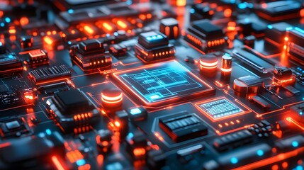Poster - Close-up of a complex circuit board with glowing components.