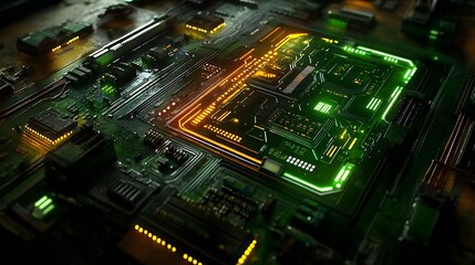 Poster - Close-up of a complex circuit board with glowing green and orange lines, showcasing intricate technological details.