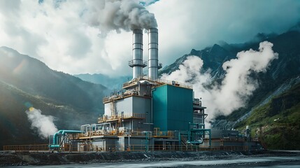 Poster - a photograph of a geothermal power plant with a virtual twin visualizing the heat extraction and ene