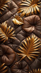 Poster - A rich brown mocha mousse surface is beautifully accented with vibrant gold palm leaves, creating an exquisite tropical-inspired decor perfect for any setting