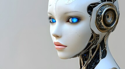 Poster - Close-up of a female humanoid robot with glowing blue eyes and visible mechanical parts.