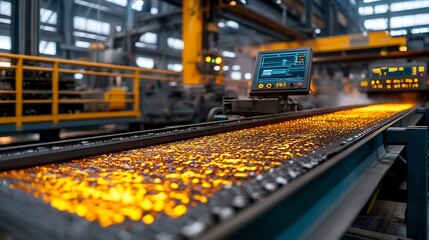 Poster - photograph showcasing a conveyor system transporting molten steel with a virtual twin tracking real 