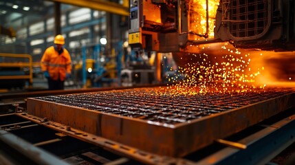 Poster - photograph of a steel slab cooling rack in an industrial facility with a virtual twin visualization 