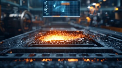 Poster - a photograph of an electric arc furnace in with a virtual twin displaying real time data on power co