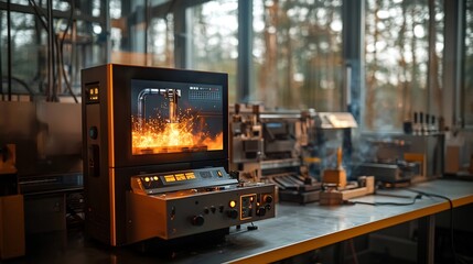 Poster - photograph of an electric arc furnace in a virtual twin display showcasing real time power consumpti