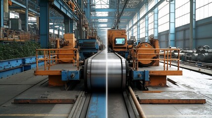 Poster - photograph of a steel rolling mill with a virtual twin monitoring and tracking output dimensions def