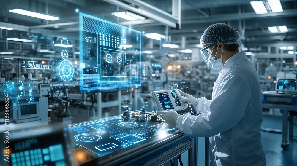 A photograph of a high tech cleanroom for chipset manufacturing ...