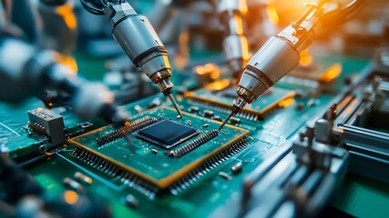 Poster - robotic arms meticulously assembling microchips on a high tech manufacturing production line with a 