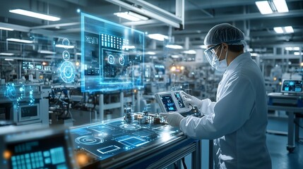 Poster - a photograph of a high tech cleanroom for chipset manufacturing featuring a virtual twin overlay tha
