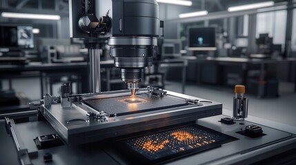 Poster - advanced lithography machine etching intricate microchip patterns with virtual twin displaying align
