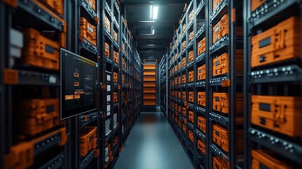 Poster - photograph of silicon wafers stored in a rack with a virtual twin software application displaying de