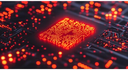 Poster - Close-up of a glowing red microchip on a circuit board.