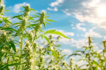 Aufkleber - Sunlight illuminates vibrant branches of sunflower and hemp plants swaying gently, showcasing flourishing greenery in nature. Generative AI