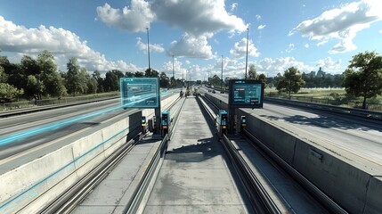 Poster - a photograph of an automated toll station with a virtual twin tracking payment efficiency and traffi