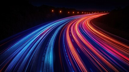 Poster - colorful light trails illuminate highway at night. fast-moving vehicles create streaks of vibrant co