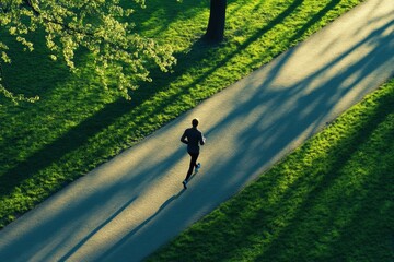 Aufkleber - A solitary runner moves swiftly along a winding path through a lush green park filled with trees. The warm light creates dynamic shadows. Generative AI