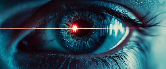 Poster - A close-up of an eye with a laser beam and sound wave visual effects.