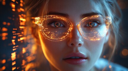 Sticker - Woman's face, glowing glasses, futuristic city lights.