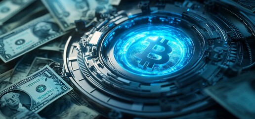 Poster - A digital representation of Bitcoin surrounded by dollar bills.