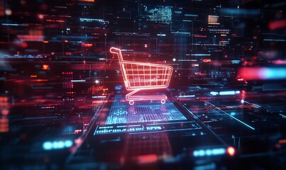 Poster - A digital shopping cart icon amidst a futuristic data landscape.