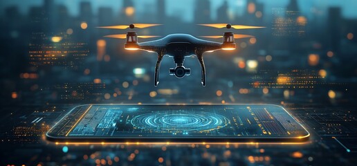 Poster - A drone hovering above a smartphone, showcasing technology integration.
