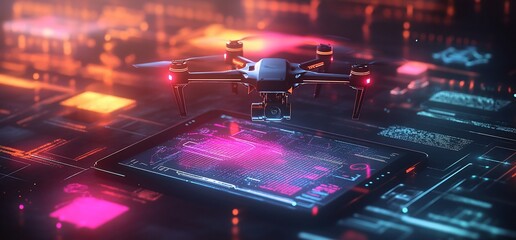 Poster - A drone hovering over a tablet displaying digital data and graphics.