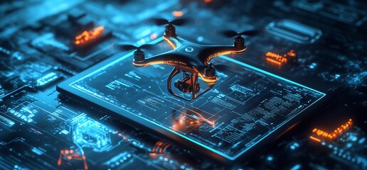 Poster - A drone positioned on a circuit board, highlighting technology and innovation.